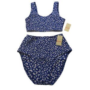 Crescent Drive High Waist Bikini Swimsuit Two Piece Womens S Blue‎ Cheetah New